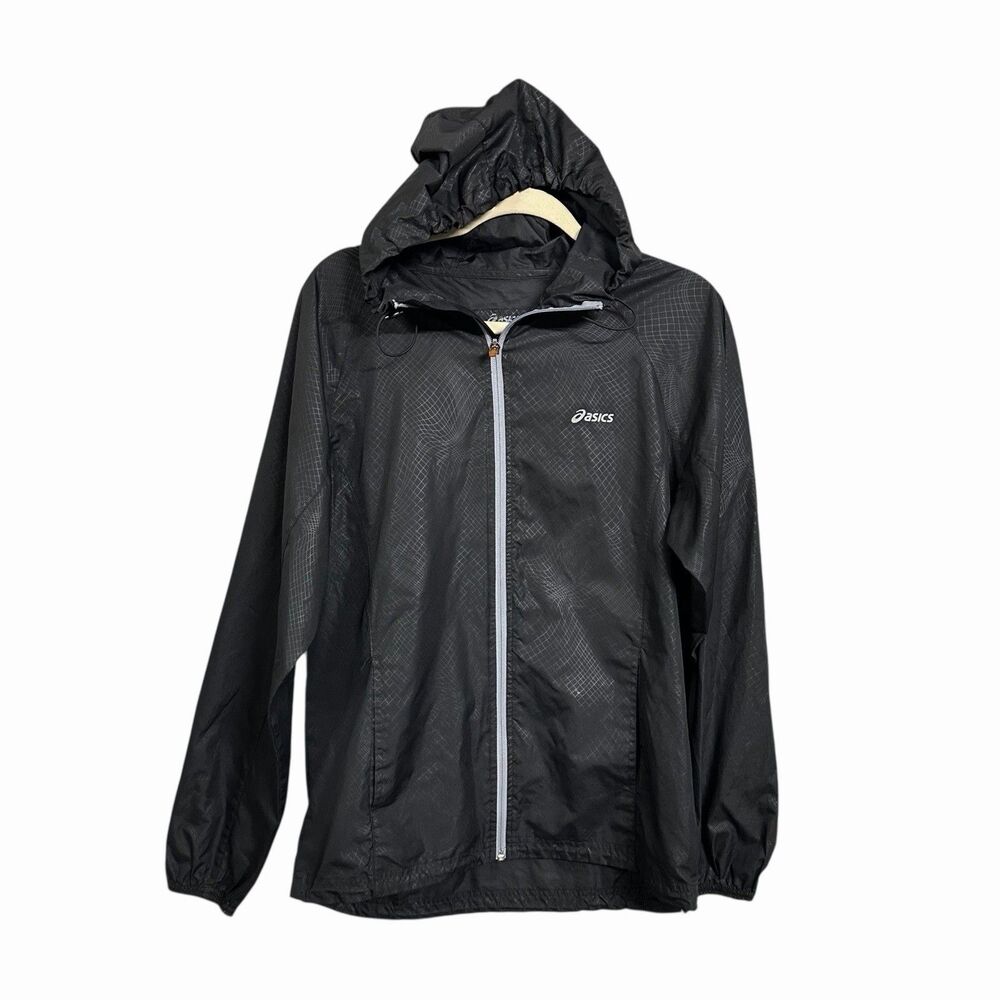 ASICS Mens Sz S Black Full Zip Hoodie Windbreaker Jacket Packable Lightweight